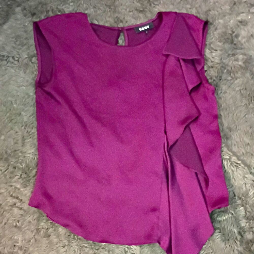 DKNY Purple Solid Chiffon Ruffle Sleeveless Round Neck Pullover Blouse M